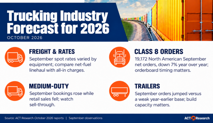 October 2026 trucking outlook: September spot rates varied by equipment; North American Class 8 net orders totaled 19,172, down 7% year over year; medium-duty bookings and sales diverged; trailer orders rose against a weak base.