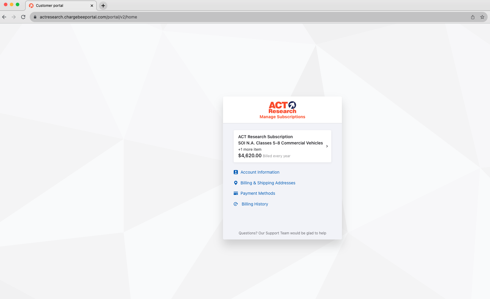 ACT Research Subscription Management Portal Home Screen