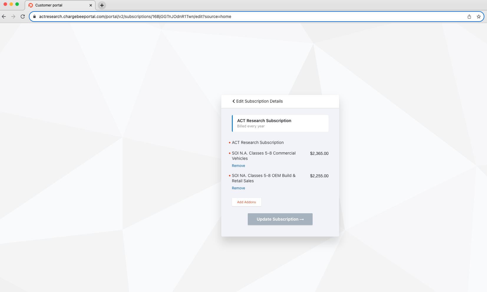 ACT Research Subscription Management Portal -Add/Remove
