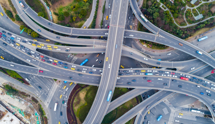 An overhead photo of cars on an interstate.