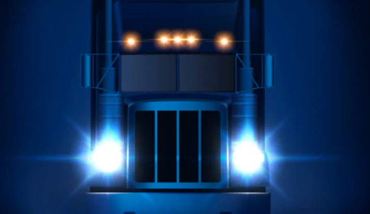 Front of class 8 truck with dark background and bright headlights render