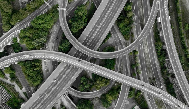 Overhead view of busy highway interchange area