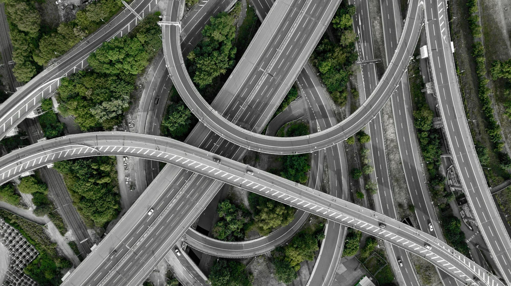 Overhead view of busy highway interchange area