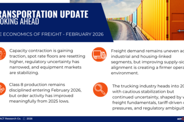 Transportation Update: ACT Research’s February 2026 freight outlook highlights tightening capacity, stabilizing equipment markets, improving Class 8 order activity, and uneven freight demand shaping the trucking industry’s path forward.
