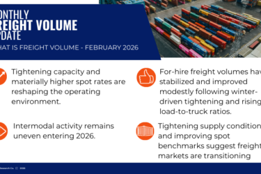 Freight Volume Update: ACT Research’s February 2026 outlook highlights tightening capacity, rising spot rates, stabilizing for-hire freight volumes, and uneven intermodal activity.